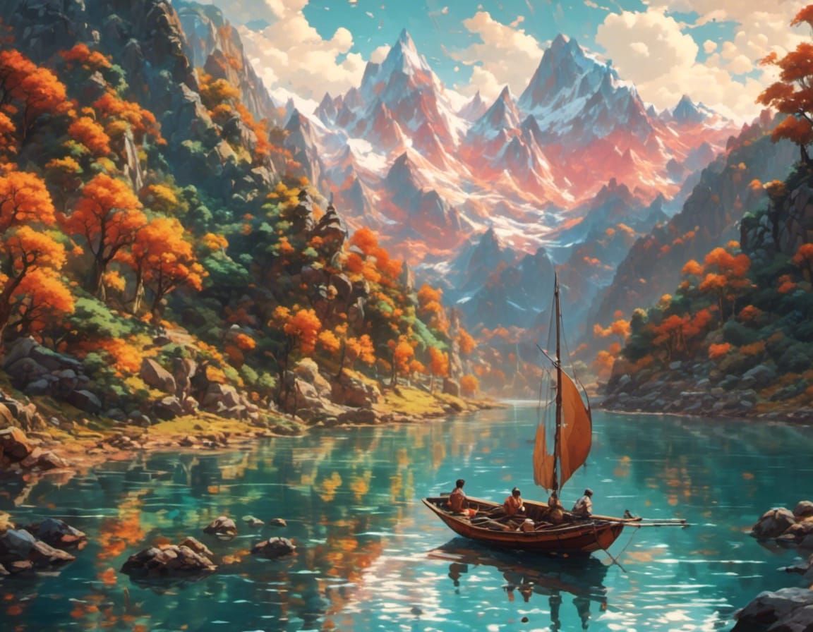 Grandfather and Nephew Sailing on Mountain Lake