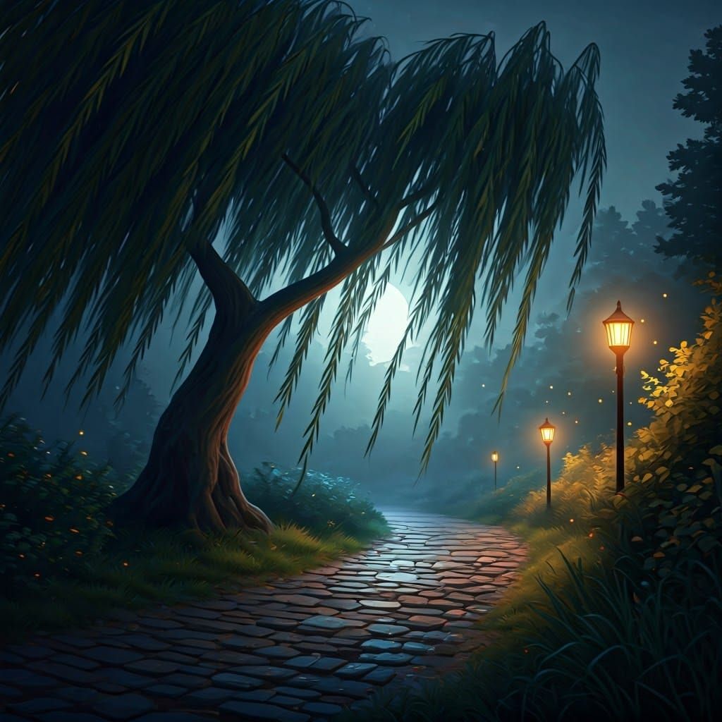 Willow Tree in Misty Forest: Romantic Nocturne