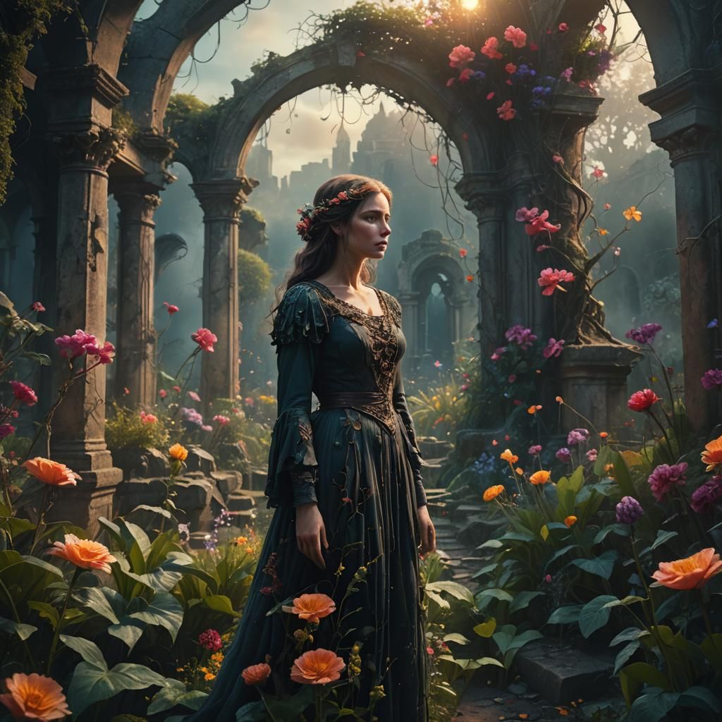 Mystical Garden: Sorrowful Woman in Digital Painting