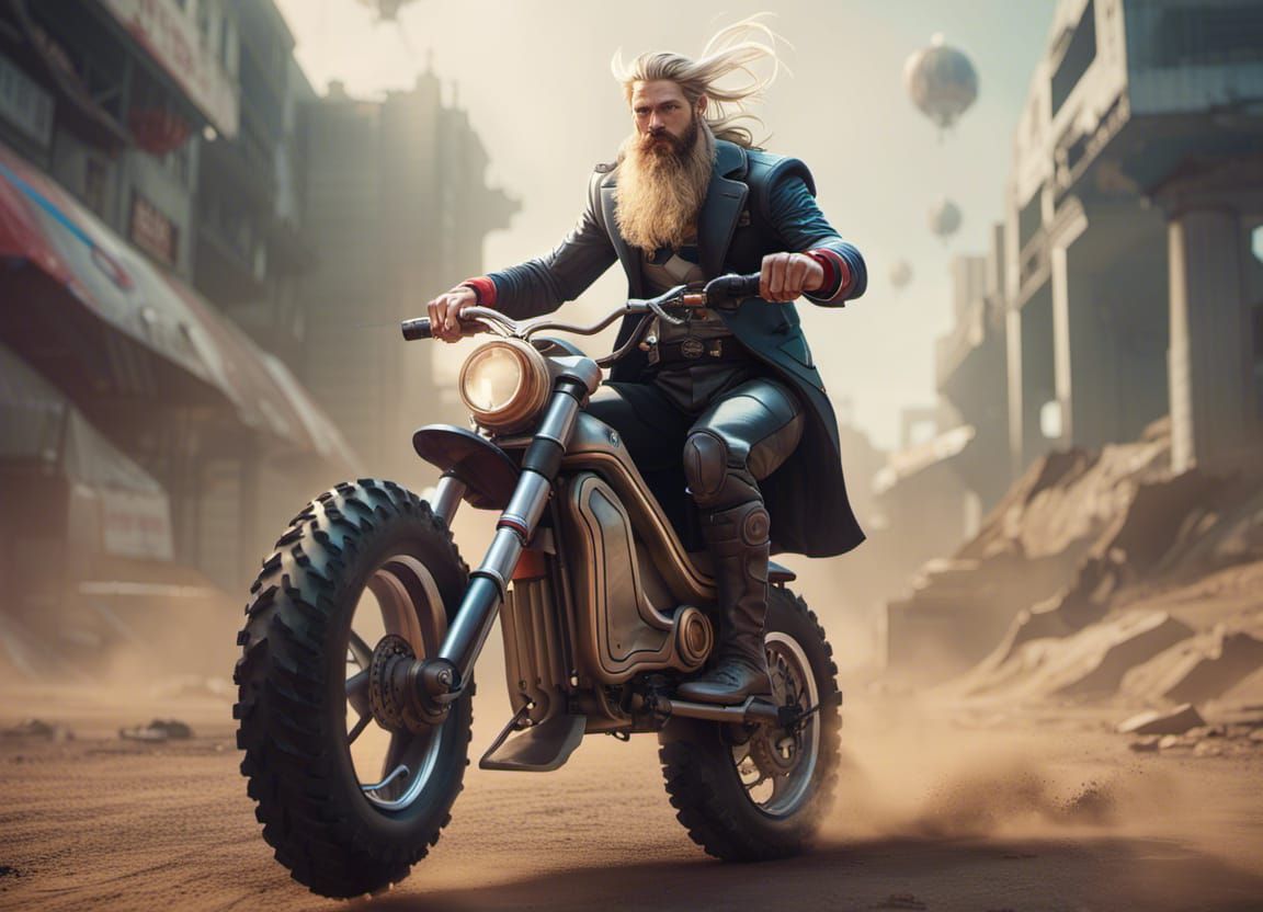 Bearded Thor Rides Dirt Bike in Cyberpunk Style