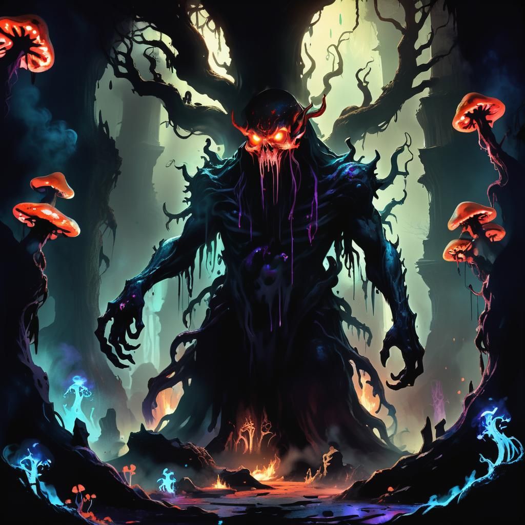 Menacing Demon in Bioluminescent Shrine: Neon Ink Art