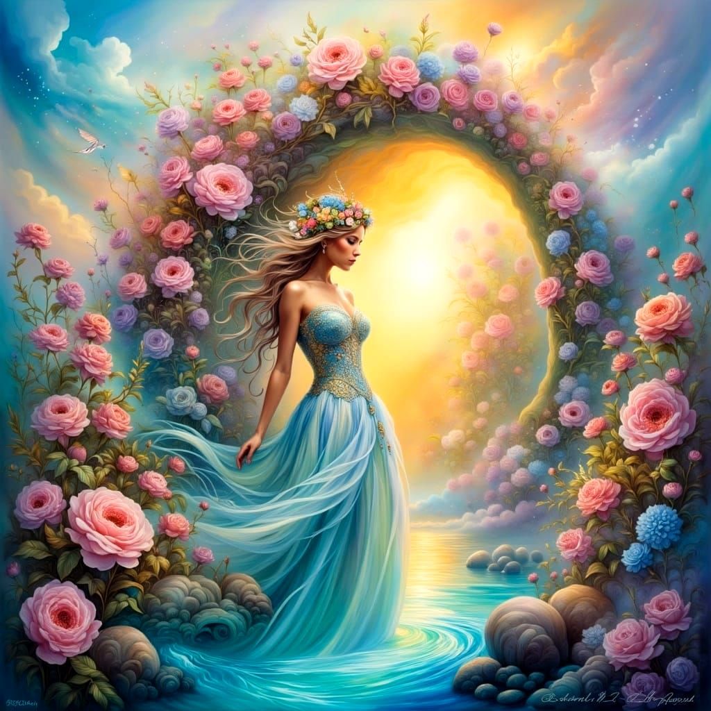 Blond Goddess Emerges in Whimsical Pastel Paradise