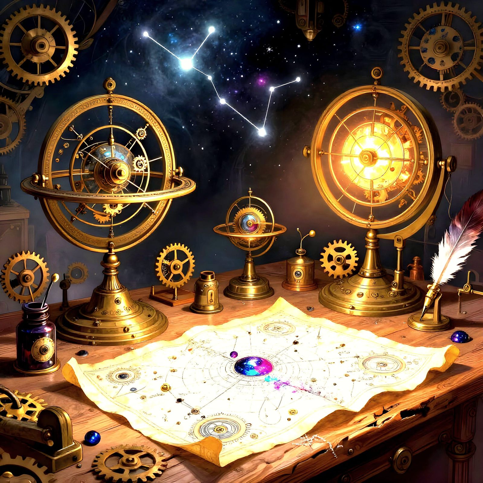Celestial Clockmaker's Workshop with Cosmic Maps