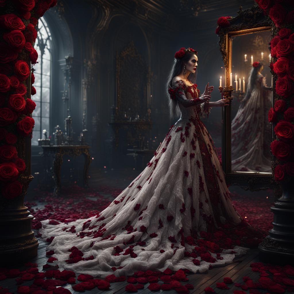 Vampire Bride with Roses Reaching Through Mirror
