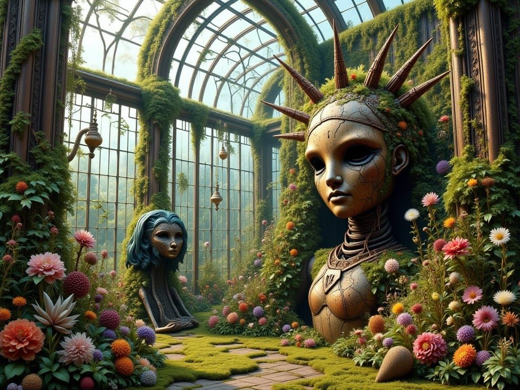 Weathered Statue of Liberty in Overgrown Greenhouse