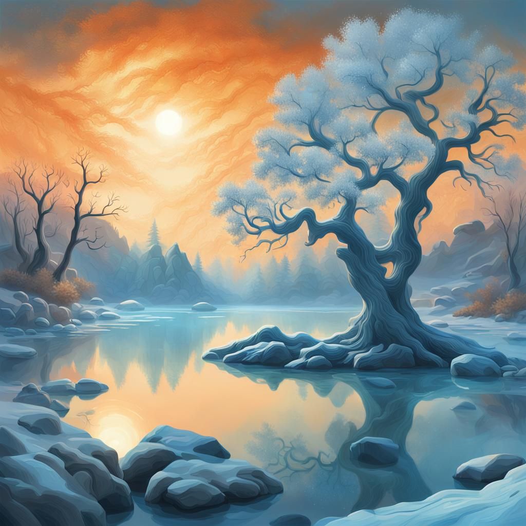 Winter Lake at Night in Oil-on-Water Style