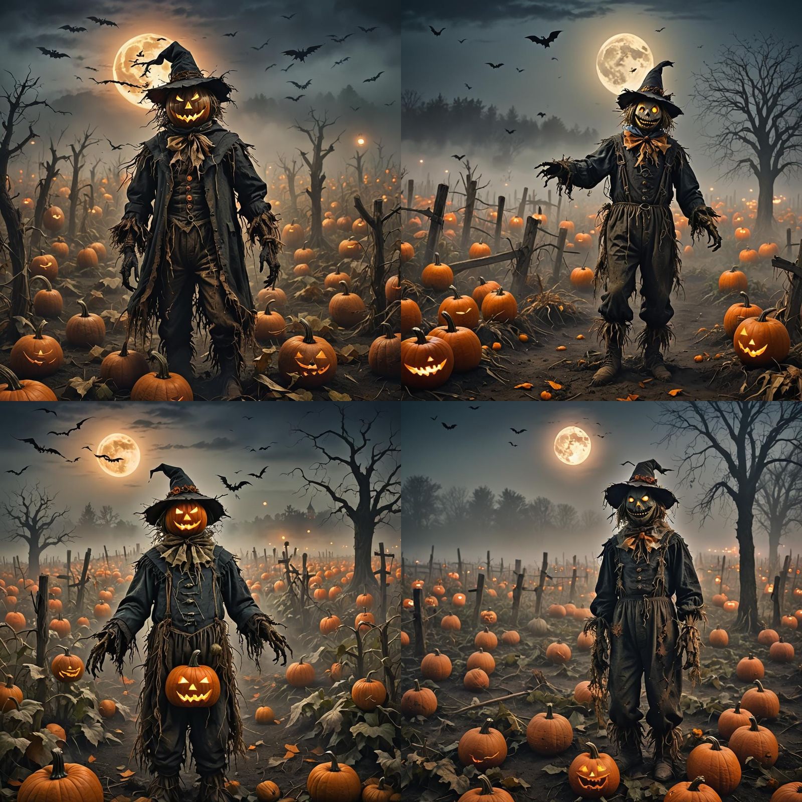 Creepy Scarecrow in Foggy Pumpkin Patch, 3D Art