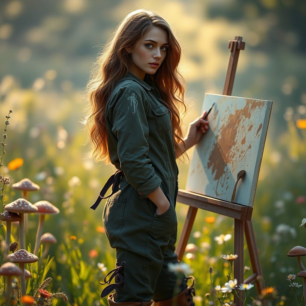 Ethereal Artist in Serene Meadow Captured in Dreamlike Detai...