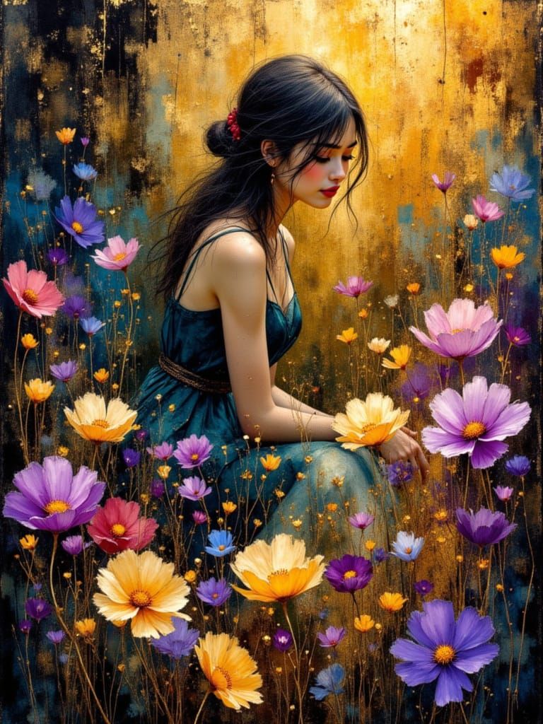 Beautiful Woman in Floral Garden with Burnished Gold Accents