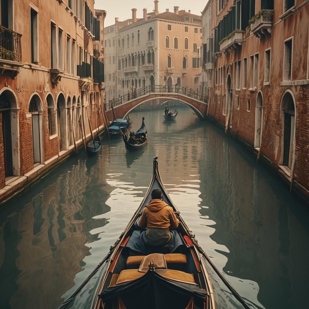 Venice Gondola on Misty Canal in Retro Style