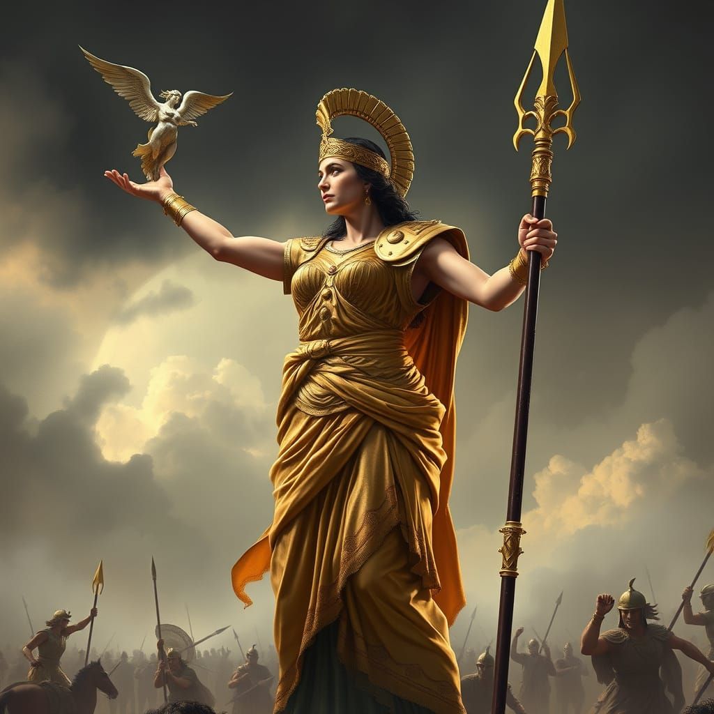 Majestic Goddess of Battle Strategies in Greek Armor