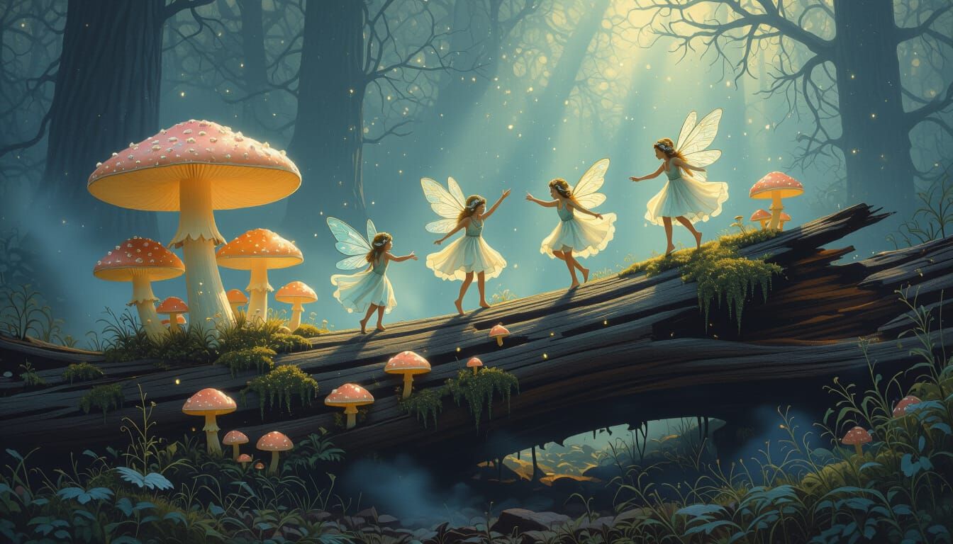 Bioluminescent Mushrooms and Fairies in Ethereal Light