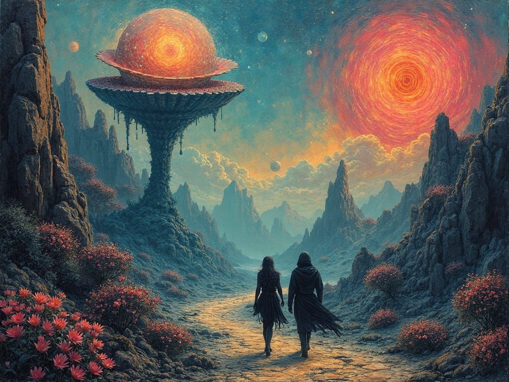 Surreal Dreamscape with Floating Islands in Mixed Media Styl...