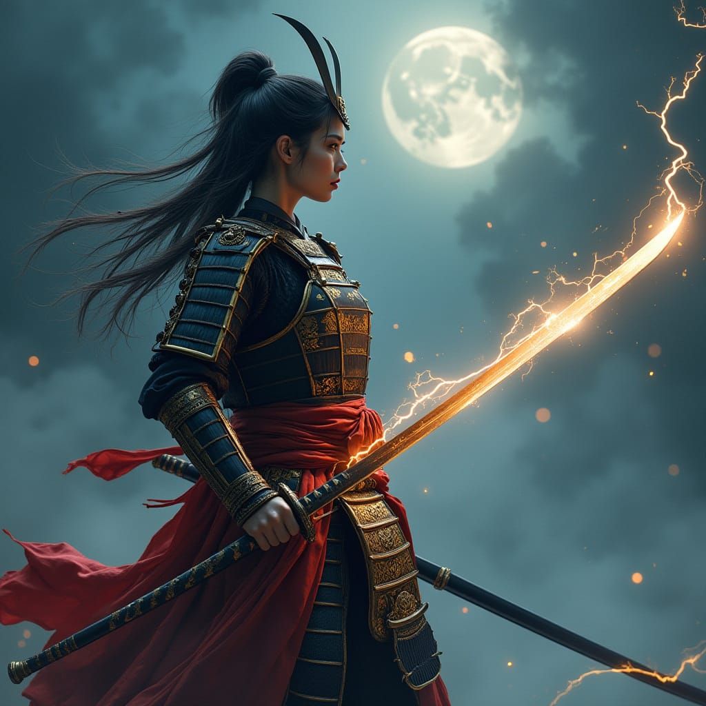 Electrifying Samurai in Moonlit Japanese Landscape