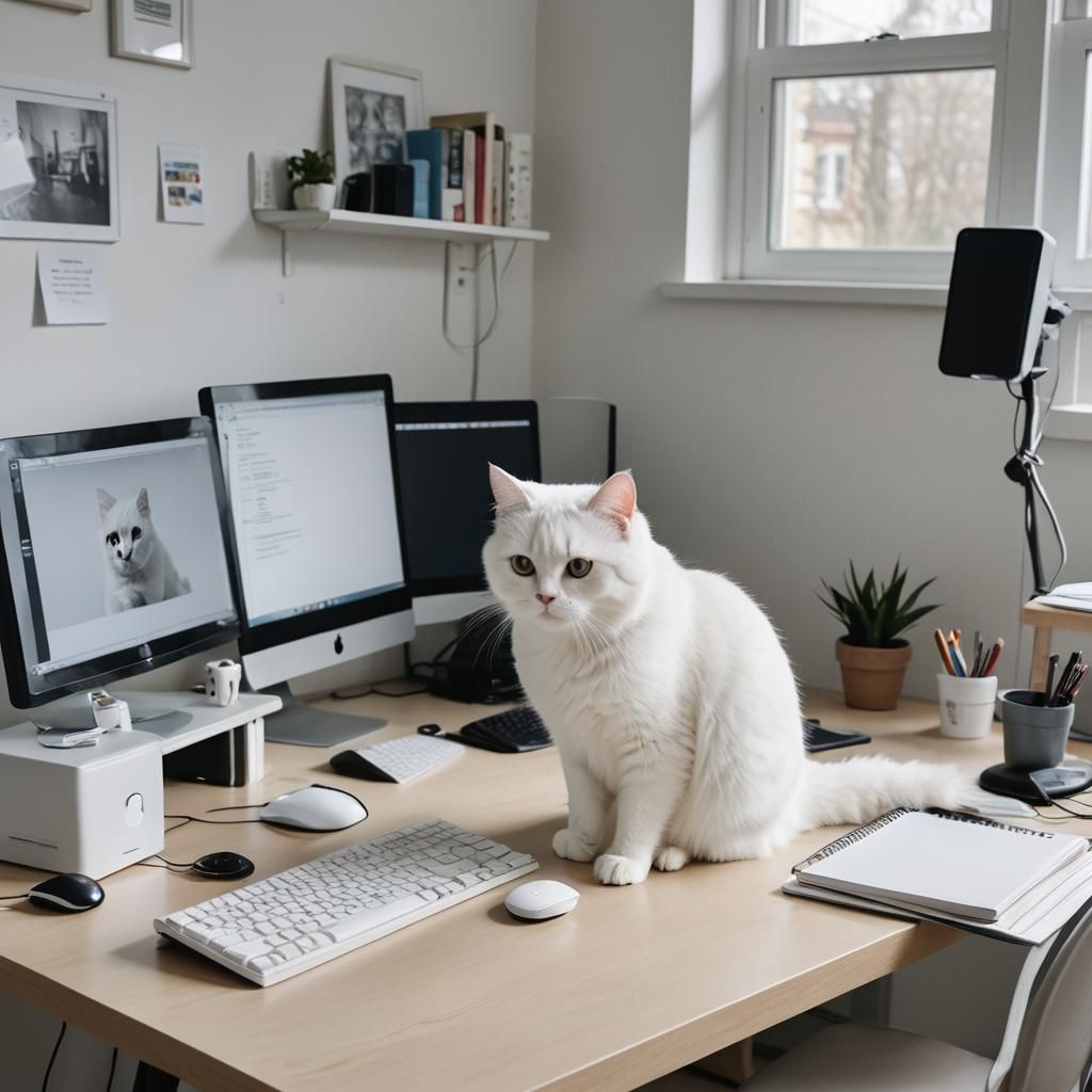 Cozy Desk Scene with British White Cat