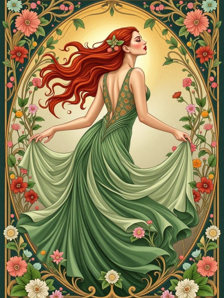 Elegant Red-Haired Muse in Art Nouveau Style