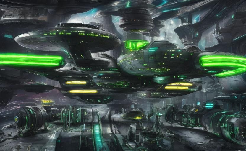 Cyberpunk Space Station with Starship Armada