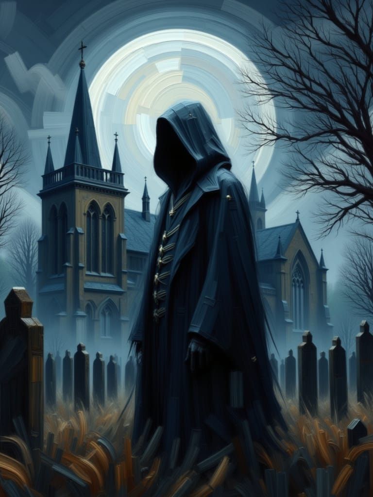 Impasto Cemetery Scene with Grim Reaper at Night