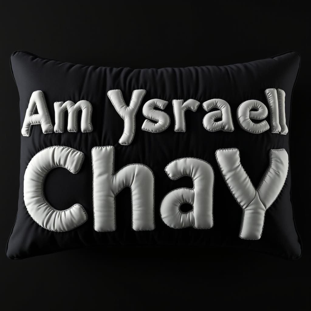 Hyper-Realistic Quilted Pillow with Puffy Letters in Hebrew
