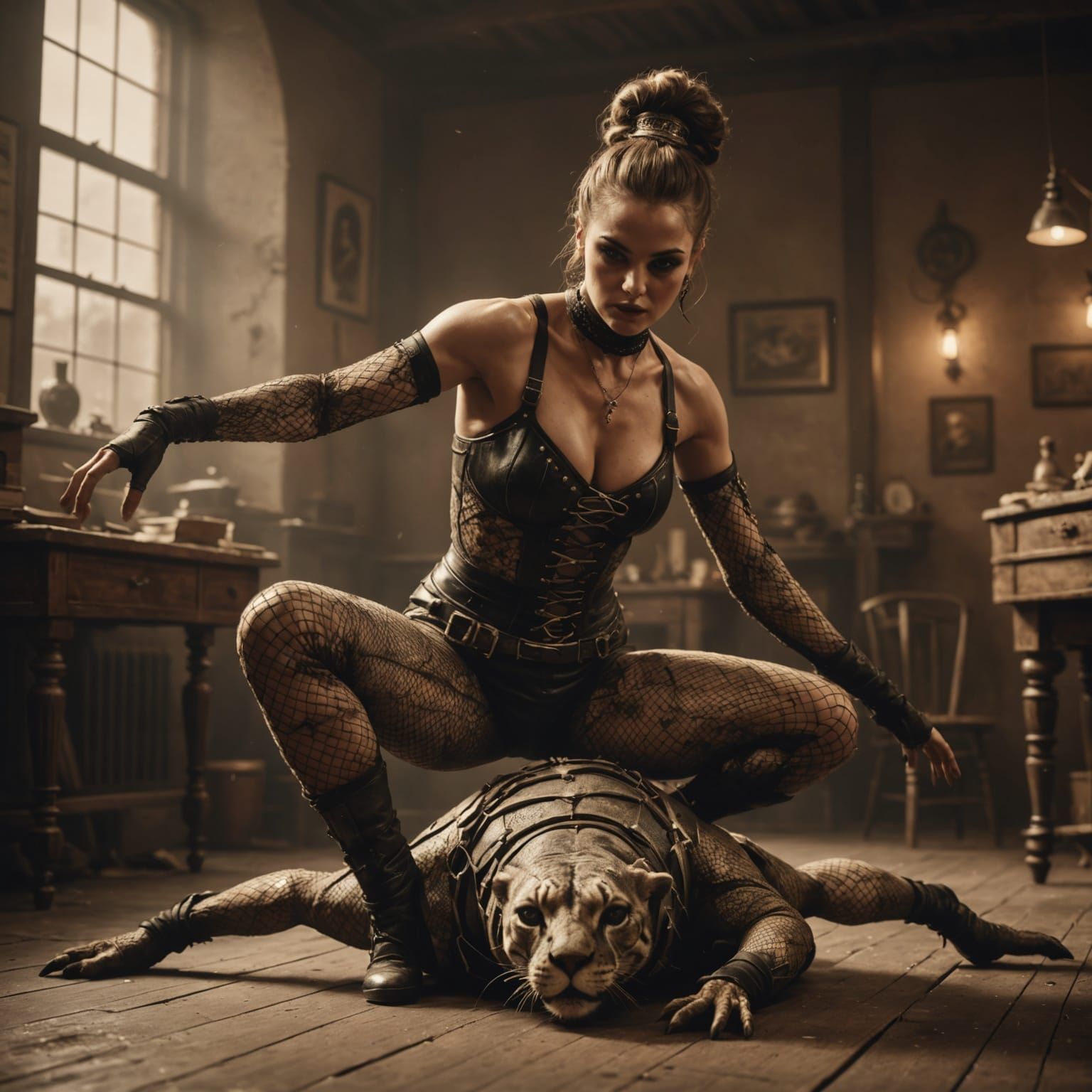 Contortionist Dances with Animal: Vintage Sepia Photo