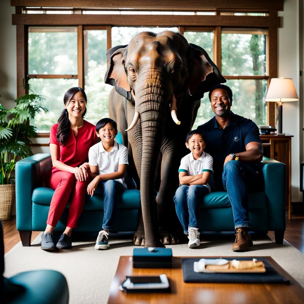 Surreal Family Photo with Elephant on Couch