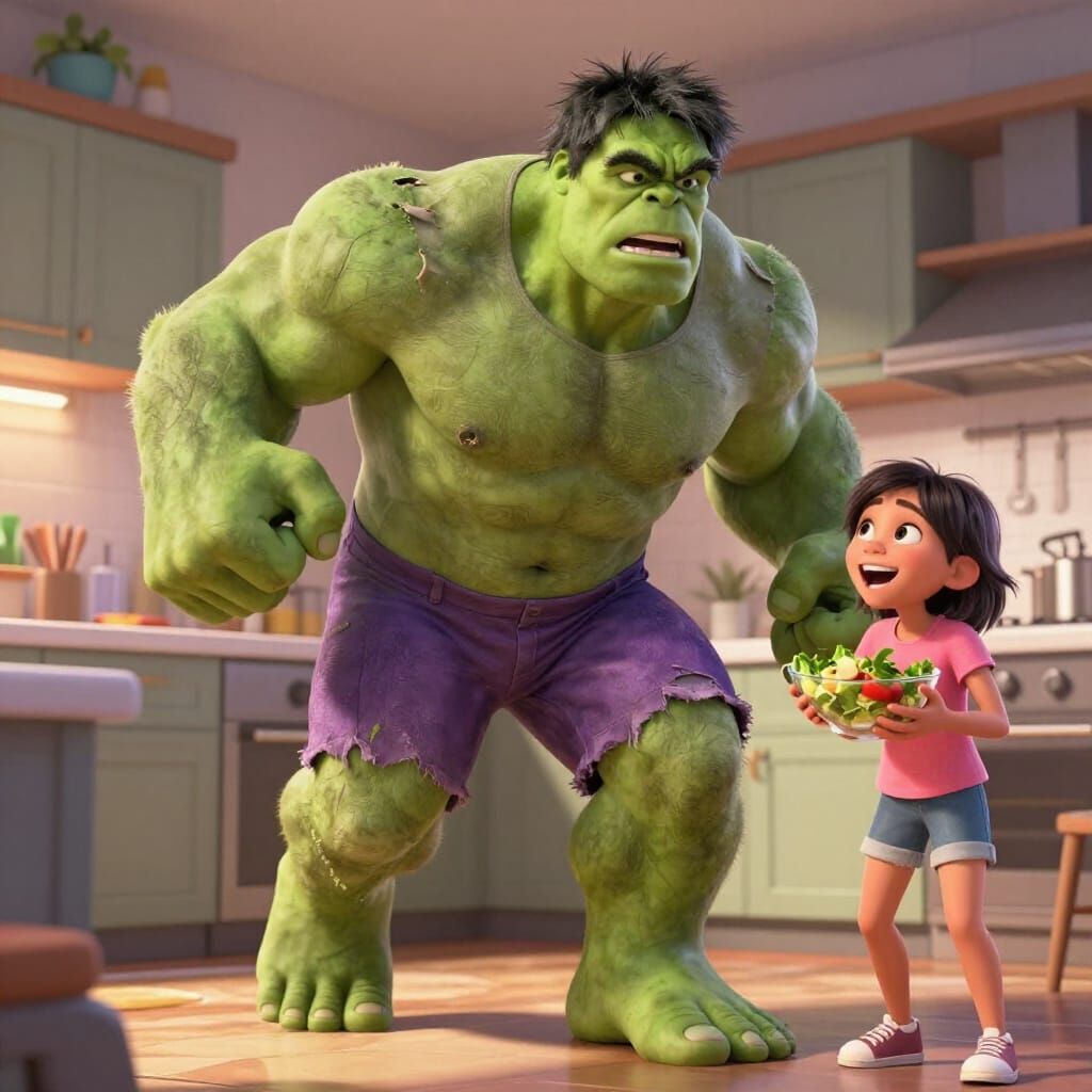 Hulk Surprised in Modern Kitchen with Giggling Sister