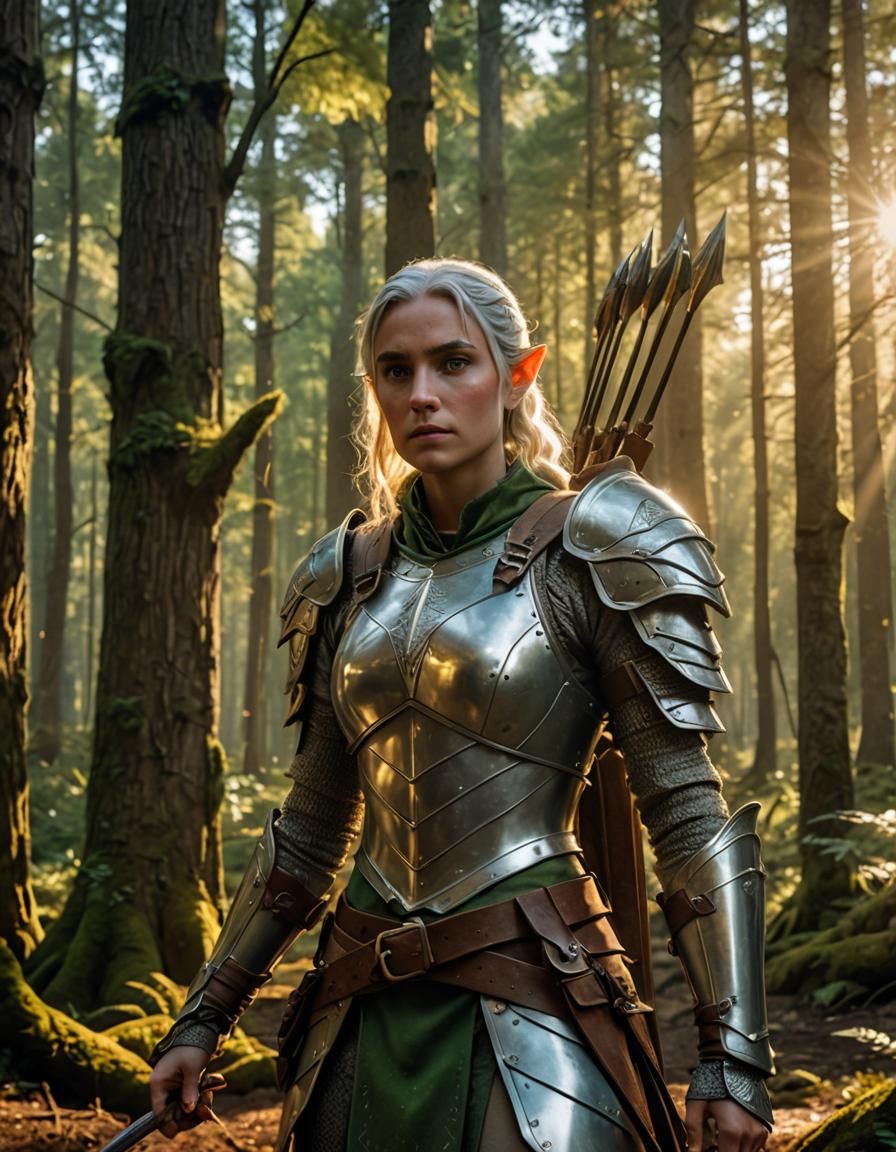 Elf Ranger in Forest, Photorealistic Film Still