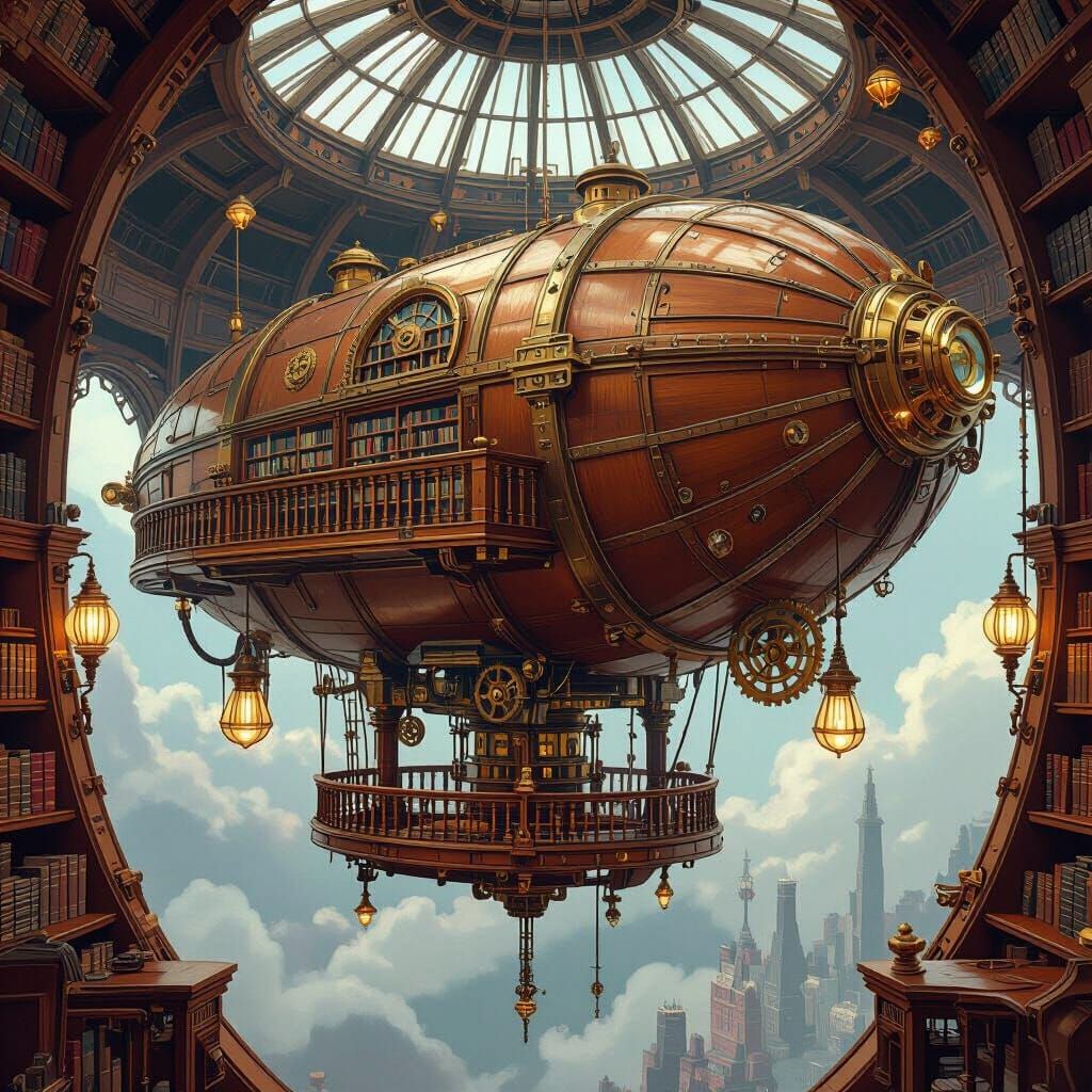 Steampunk Zeppelin Library in Art Nouveau Style