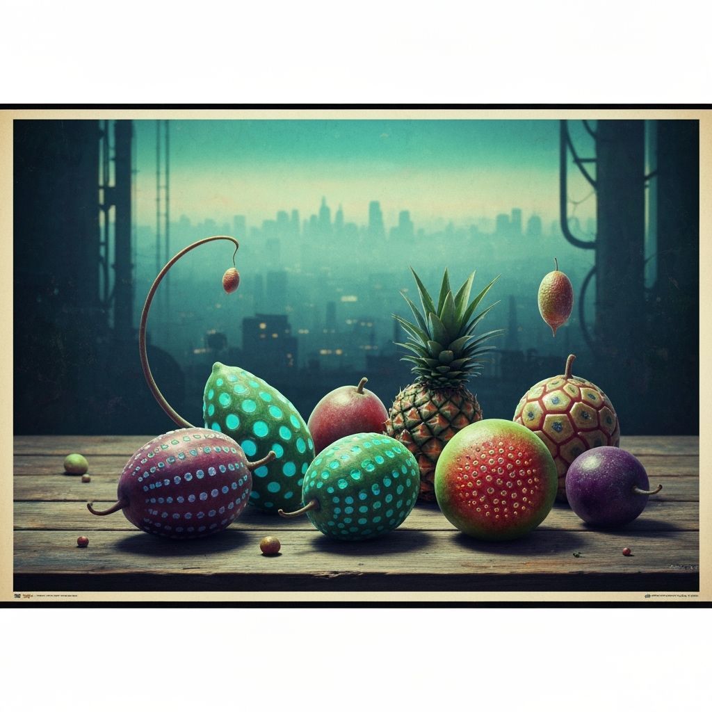 Alien Fruits on Table in Cyberpunk Cityscape