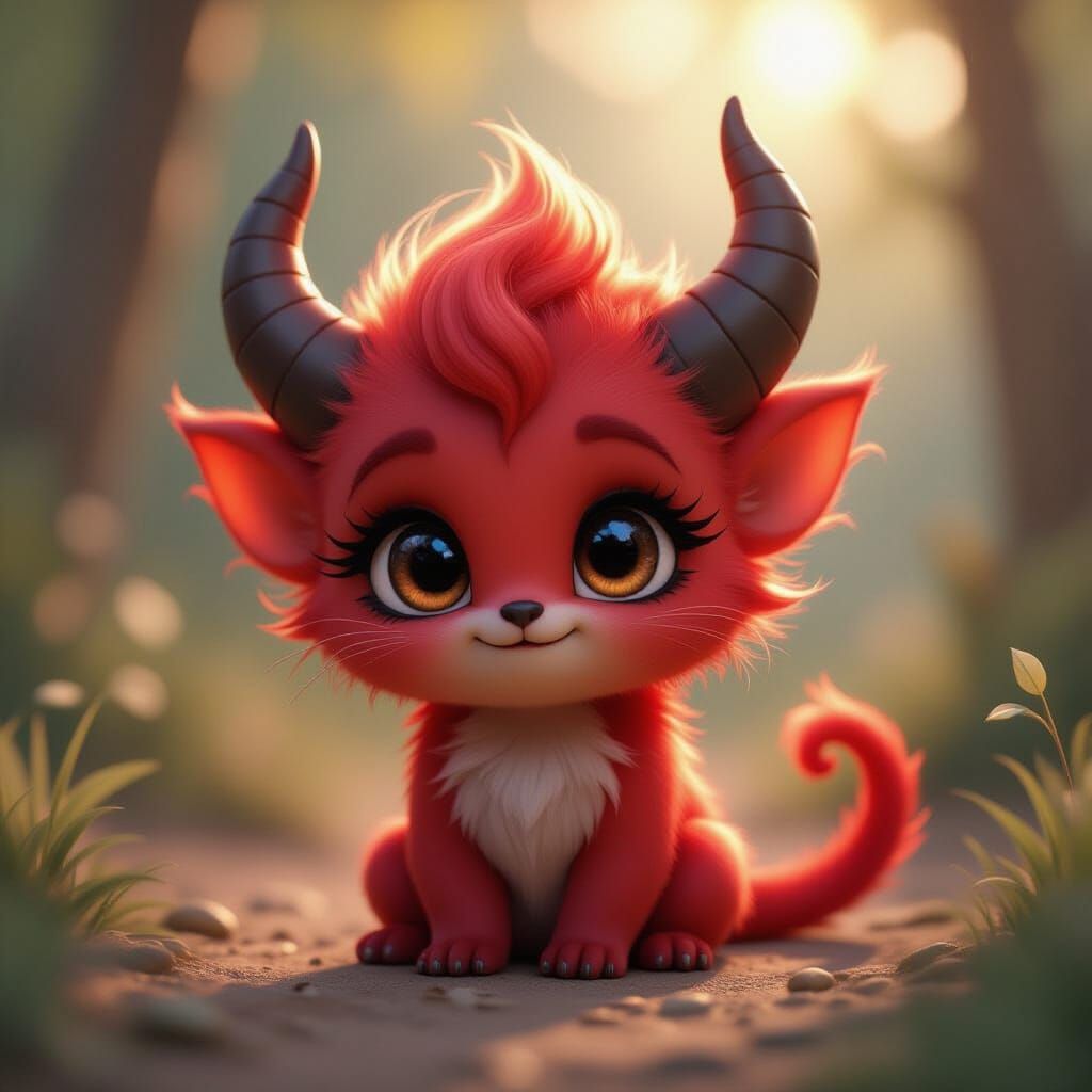 Adorable Red Demon with Silky Fur in CGI Style