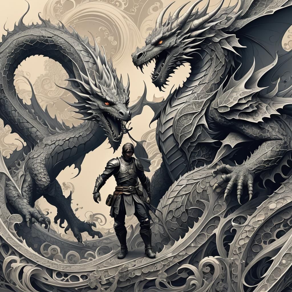 Fantasy Hero Confronts Dragon with Abstract Elements