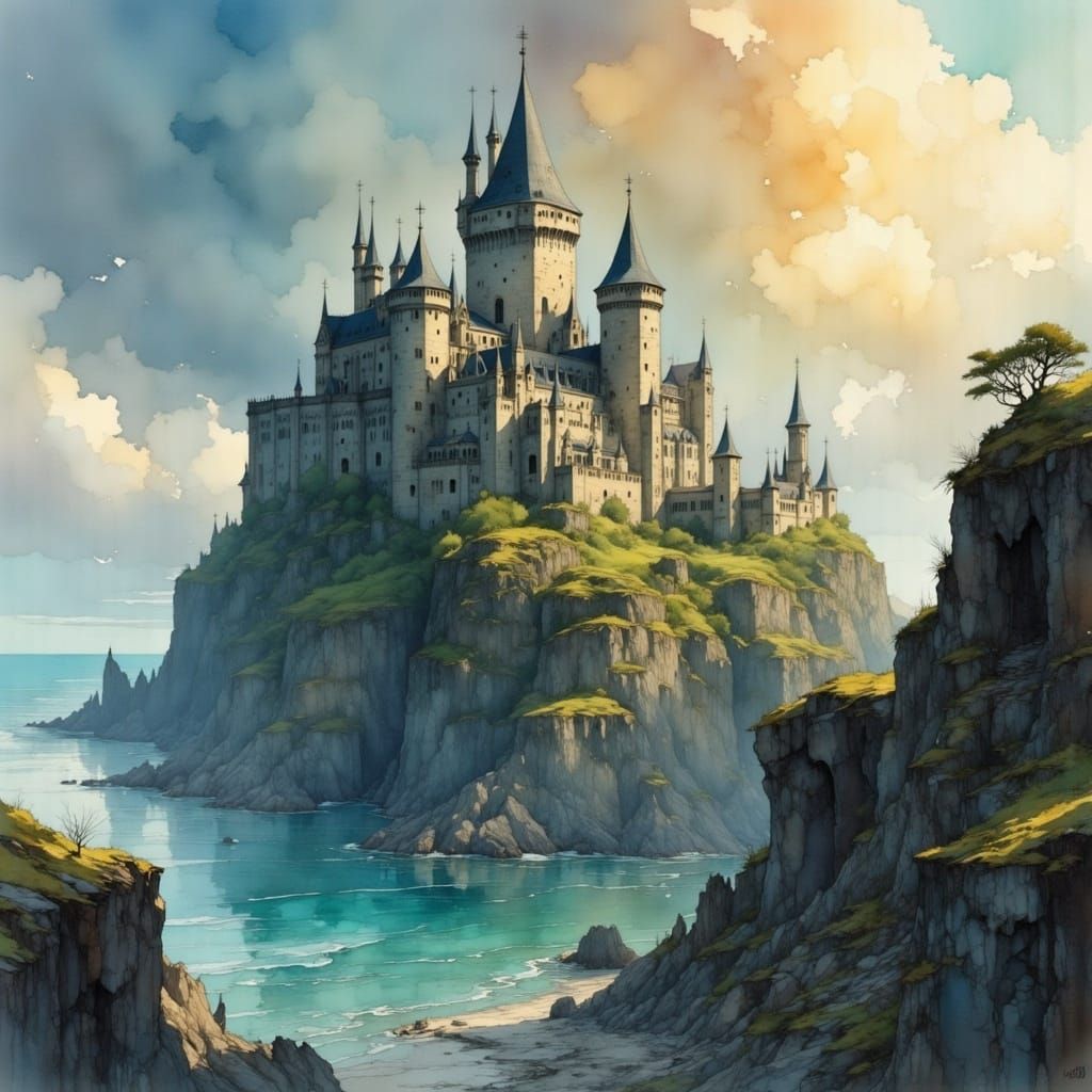 Fairytale Gothic Castle on Clifftop as Digital Matte Paintin...