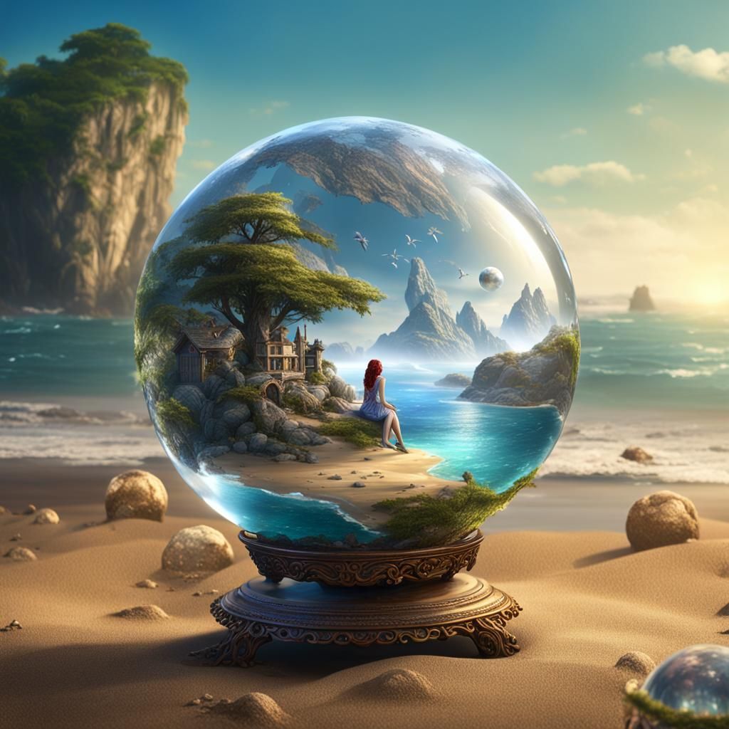 Fairy on Glass Globe Beach Landscape: Detailed Digital Art
