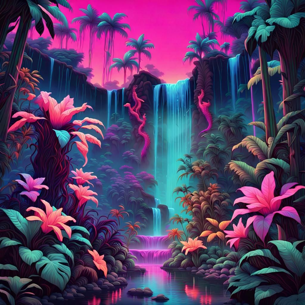 A  vaporwave breathtaking secret jungle flower garden with cascading waterfalls,
