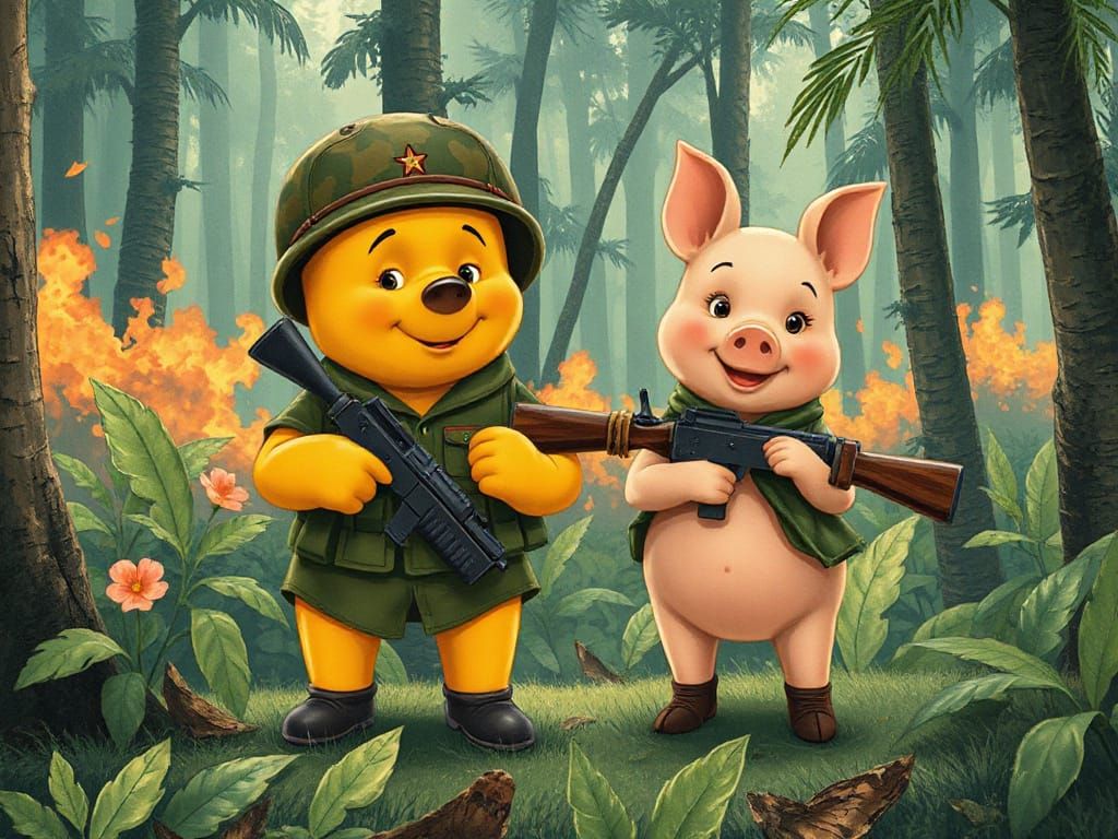 War-torn Jungle Scene with Militarized Winnie the Pooh and P...