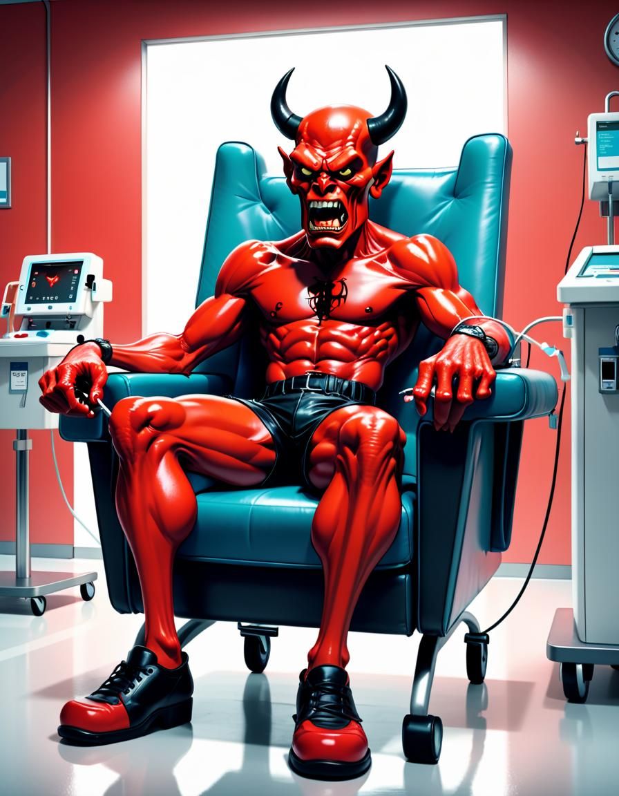 Red Devil Donates Blood in Cartoon Style