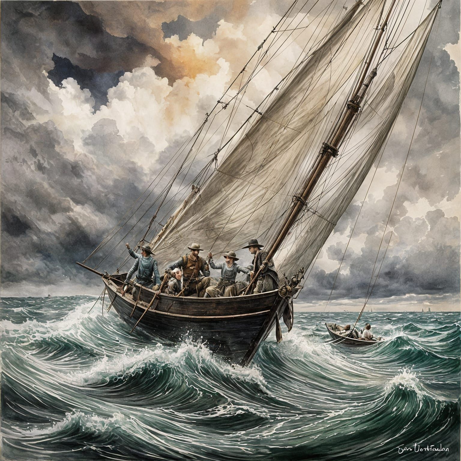 Mice on a Stormy Wooden Raft in Gouache Style