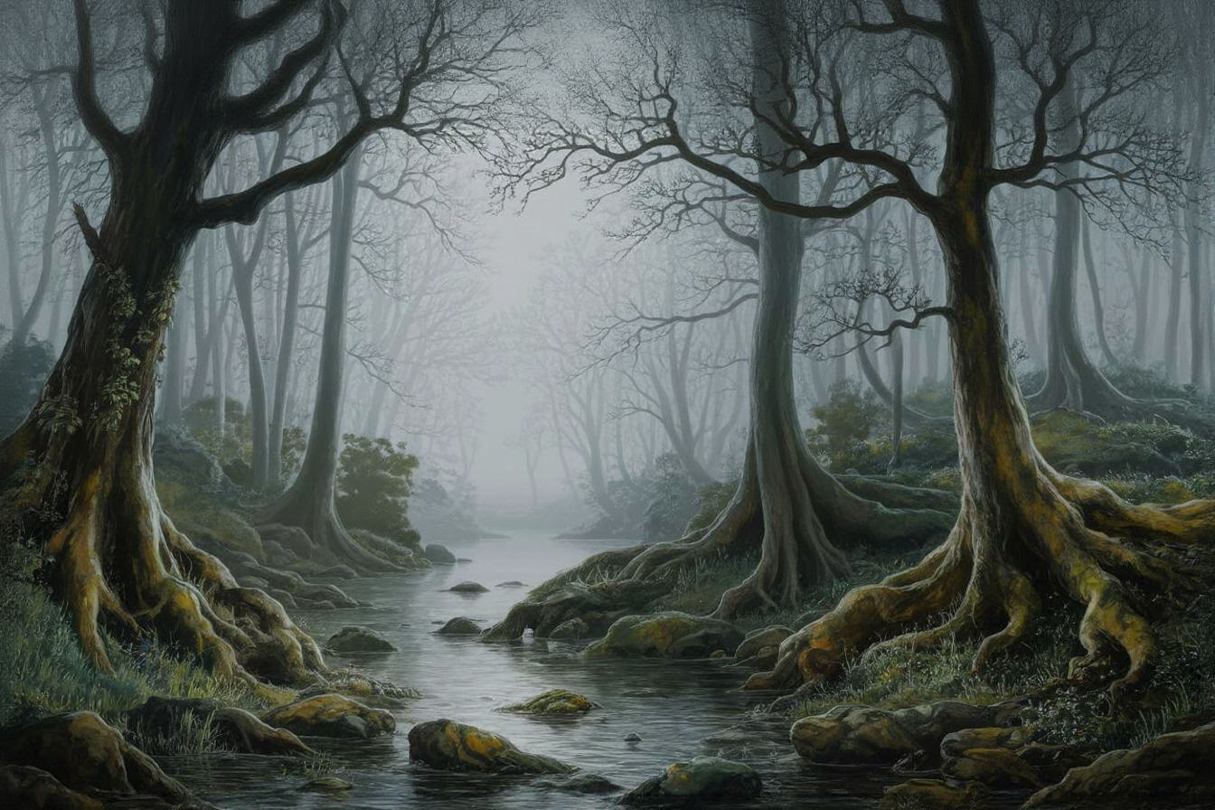 Mystical Japanese Forest Landscape in Gouache Style