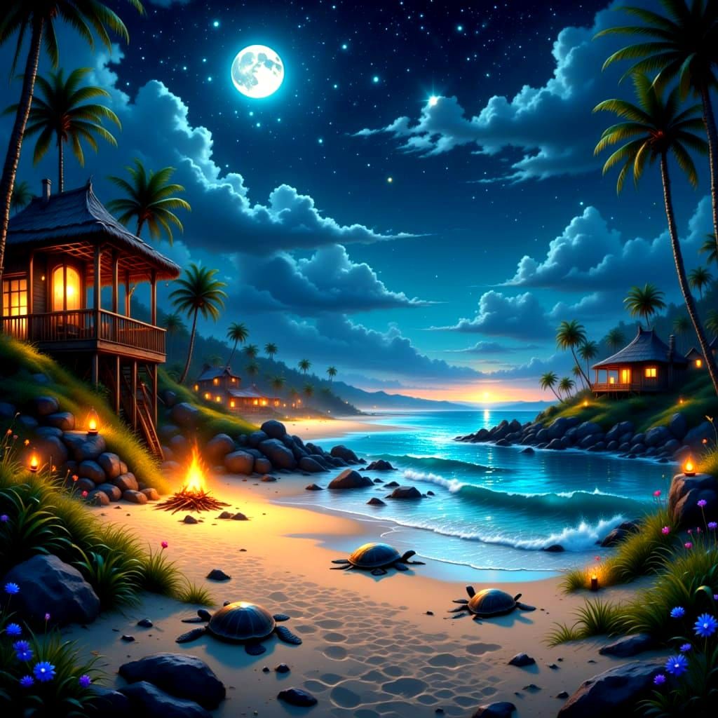 Cosmic Beach Panorama with Fireflies and Turtles
