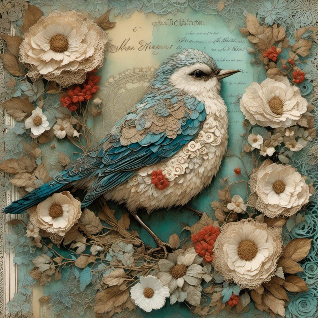 Vibrant Bird in Whimsical Paper Collage Art