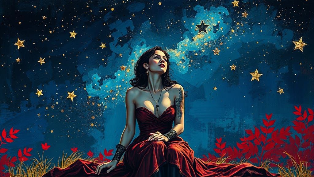 Fantasy Woman Under Starry Night Sky with Ink Patterns and M...