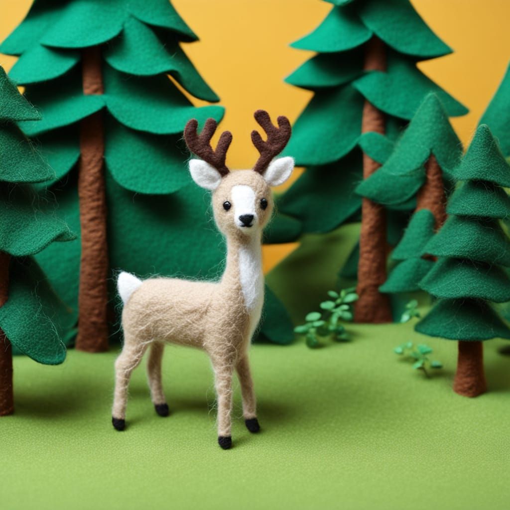 Felt Deer in Forest Diorama