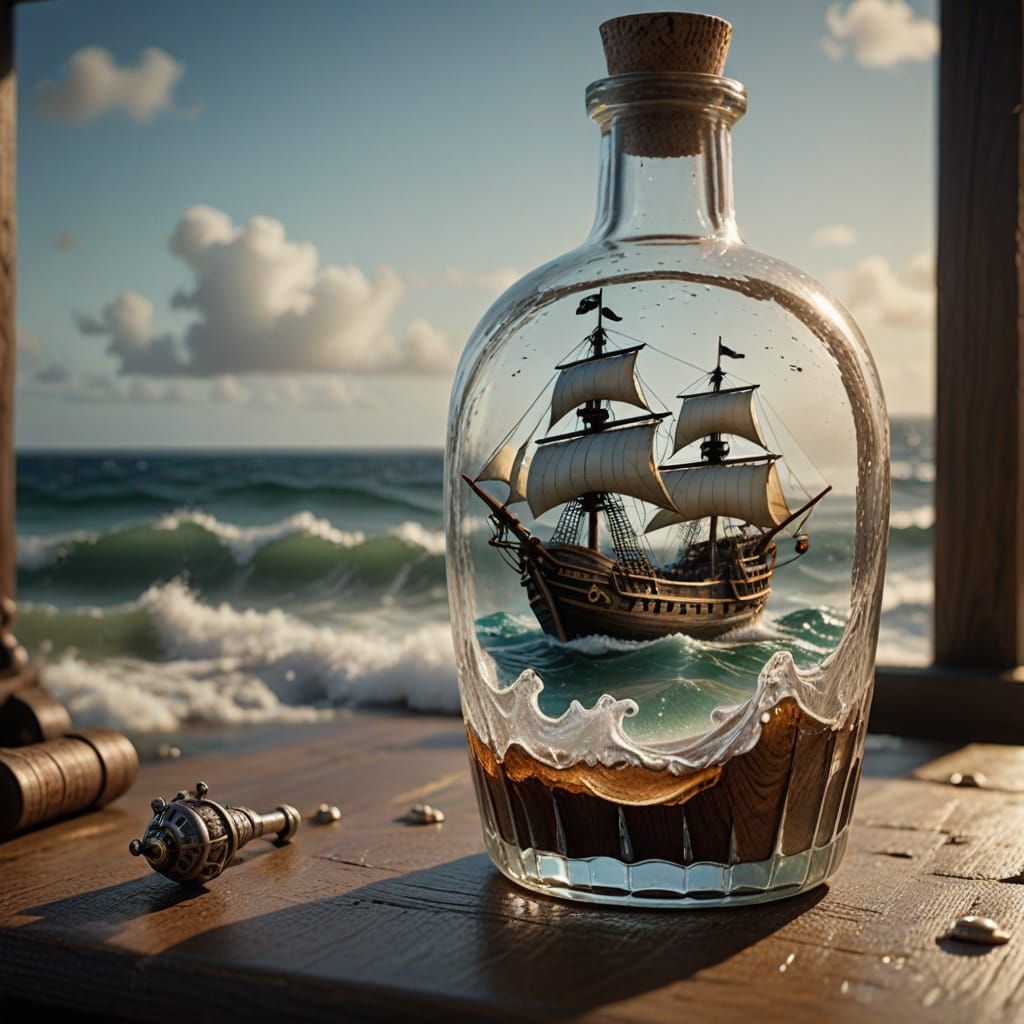 Hyperrealistic Ocean Scene in Glass Bottle on Wooden Table