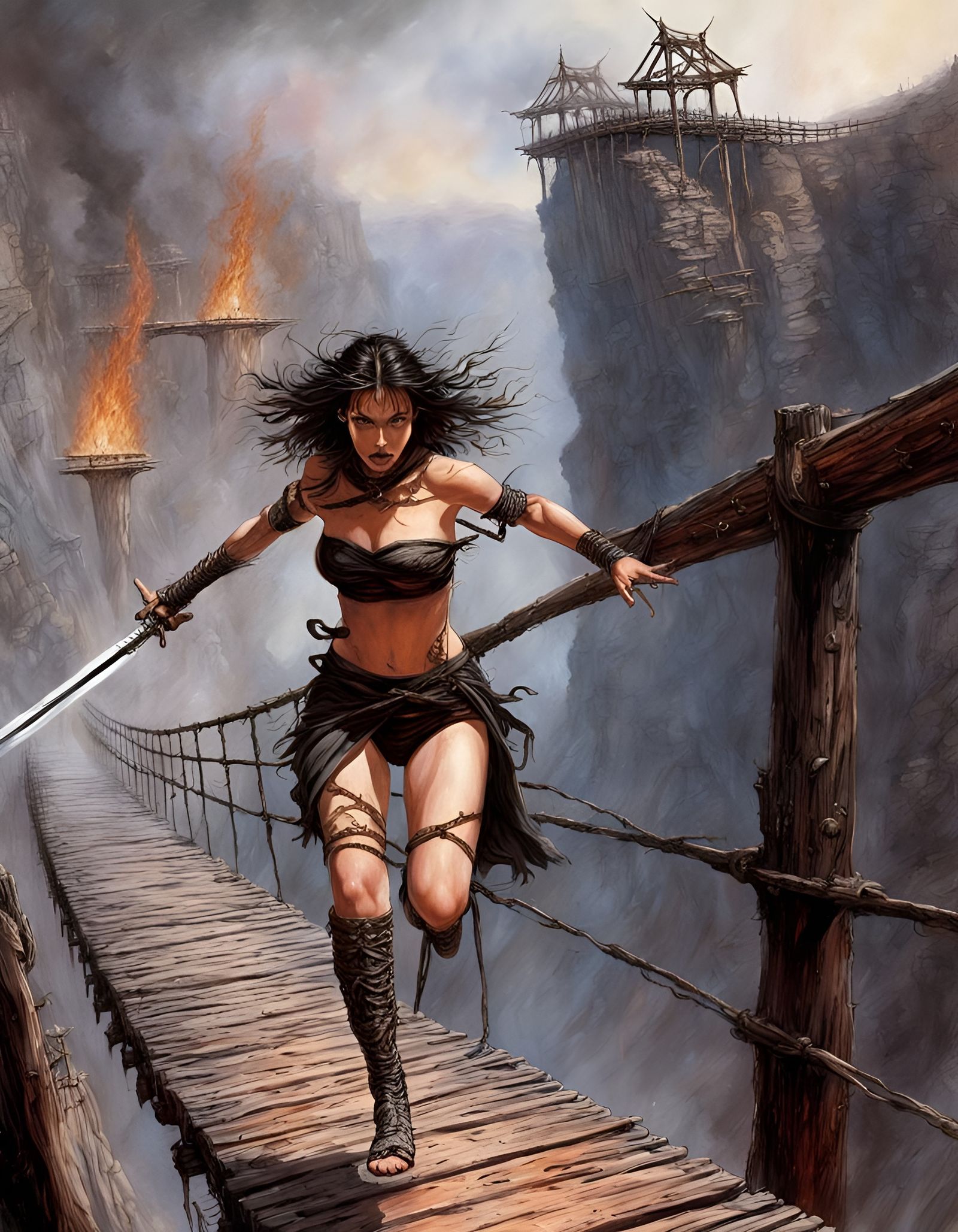 Adventurer Escapes Burning Bridge in Dark Fantasy Style