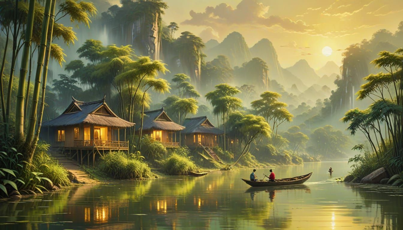 Serene Asian Village: Surreal Oil Painting