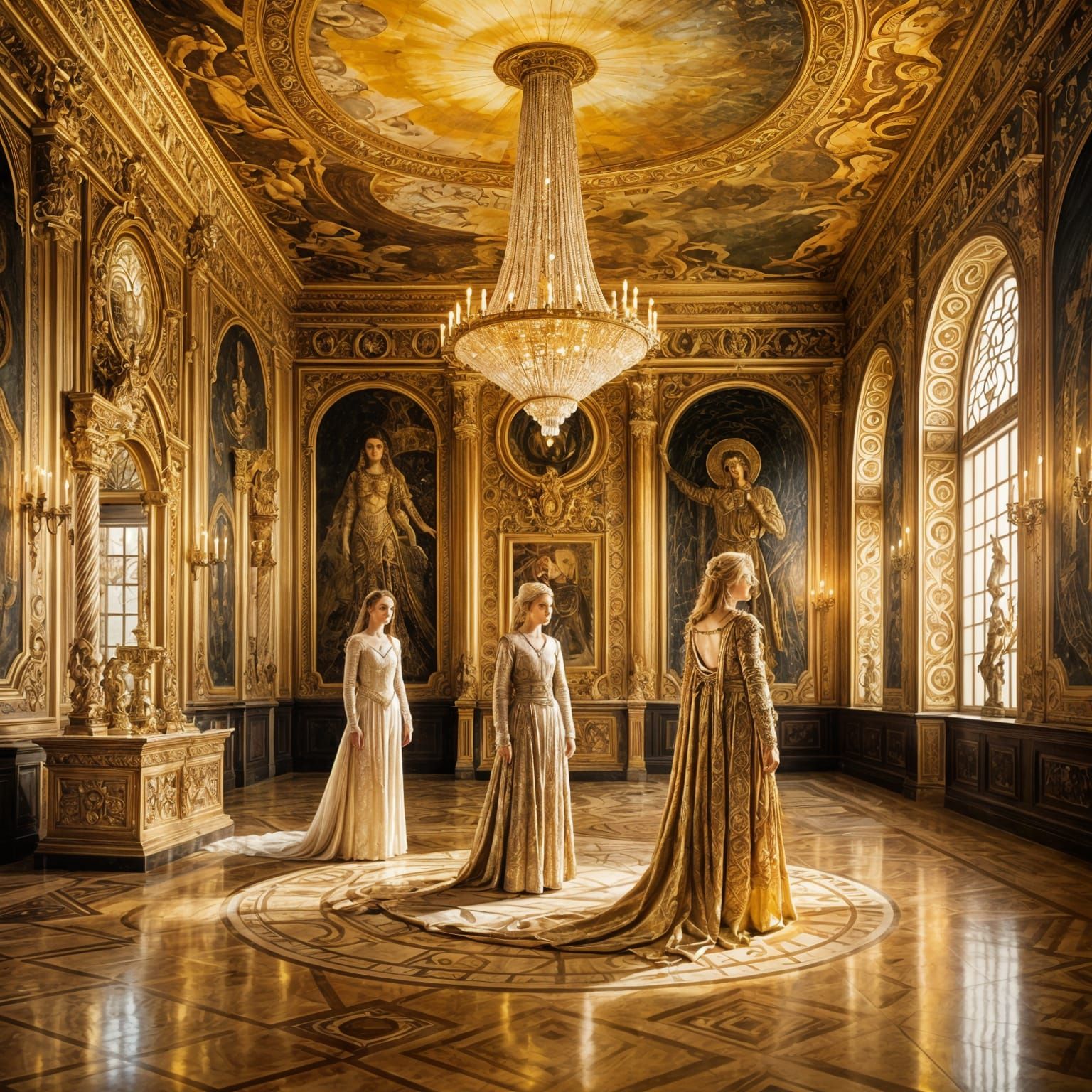 Siegfried Between Brunhild and Kriemhild in Klimt Style