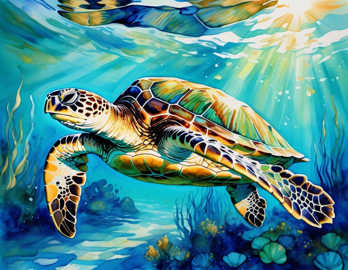 Sea Turtle Ascending: Impressionist Painting with Turquoise ...