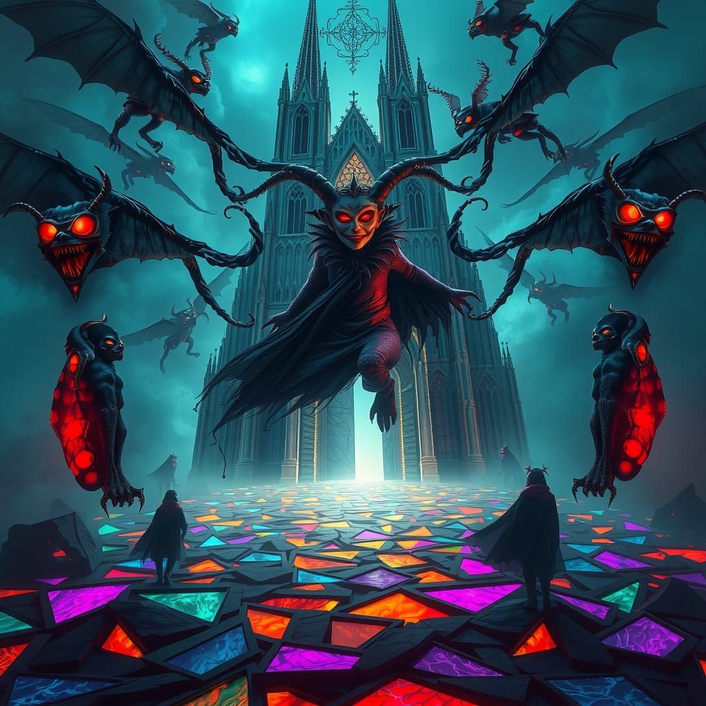 Surreal Gothic Cathedral with Jester and Gargoyles