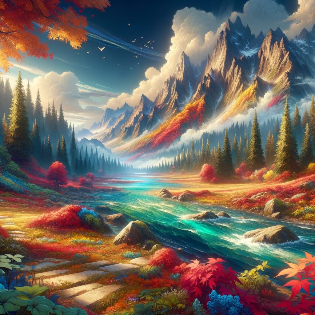 Fantastical Autumn Landscape with Mountains and River