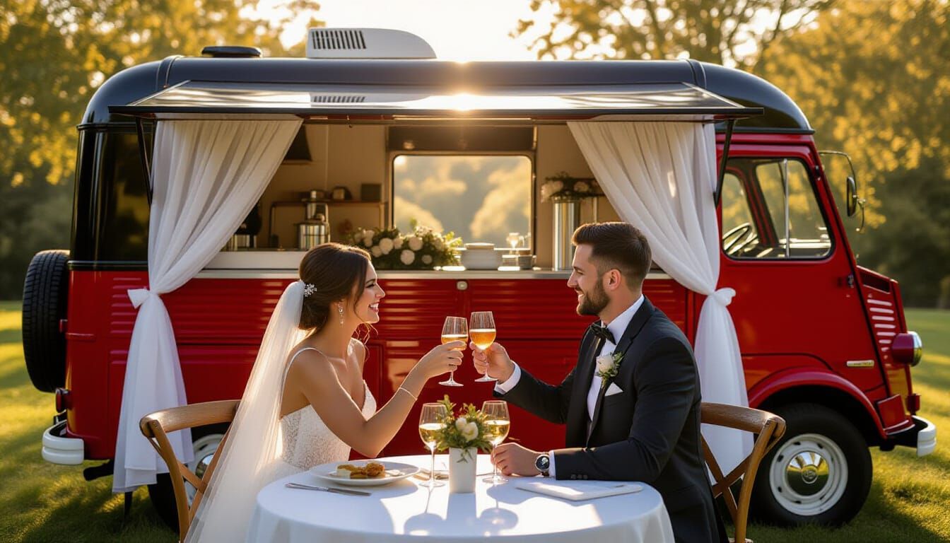 Red & Black Food Truck Draped for Wedding Celebration